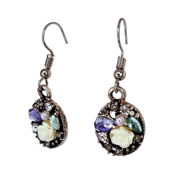 Silver Tone Rhinestone Flower Dangle Earrings 1" - Picture 4 of 10